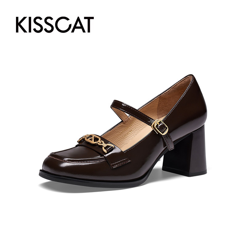 KISS CAT/接吻猫春秋牛皮玛丽珍鞋方头粗高跟单鞋女KA43537-10,淘宝优惠券,粉丝福利购,淘宝优惠卷