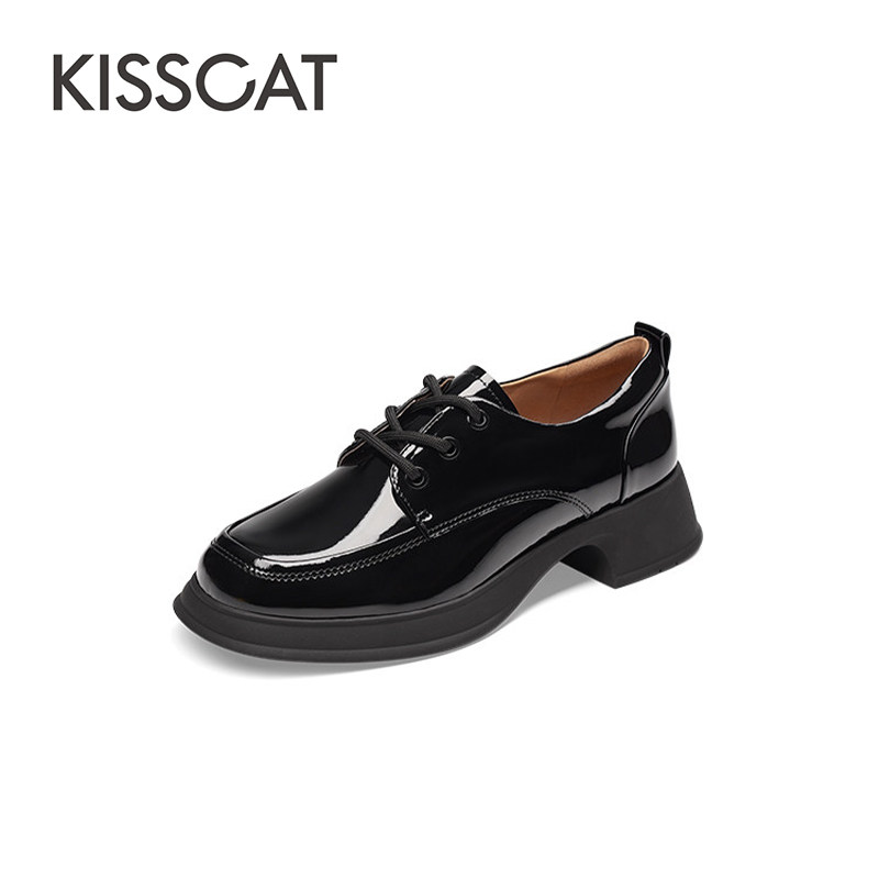 KISS CAT/接吻猫春秋牛漆皮乐福鞋方头系带深口单鞋女KA43557-50,淘宝优惠券,粉丝福利购,淘宝优惠卷