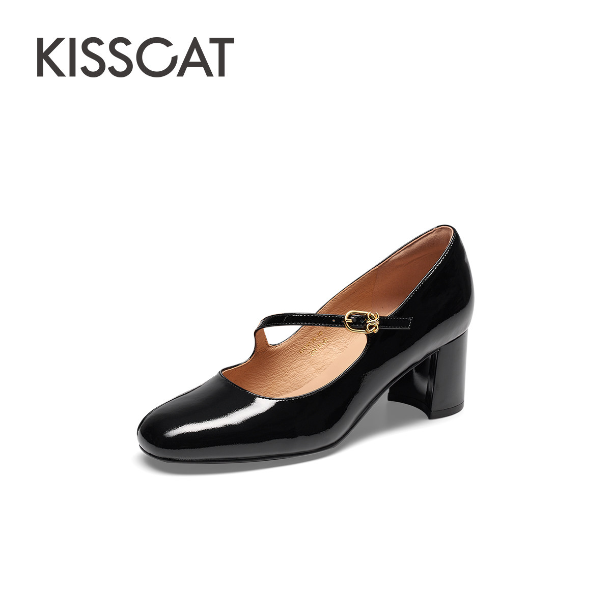 KISS CAT/接吻猫春秋牛漆皮玛丽珍鞋圆头粗高跟单鞋女KA54138-10,淘宝优惠券,粉丝福利购,淘宝优惠卷