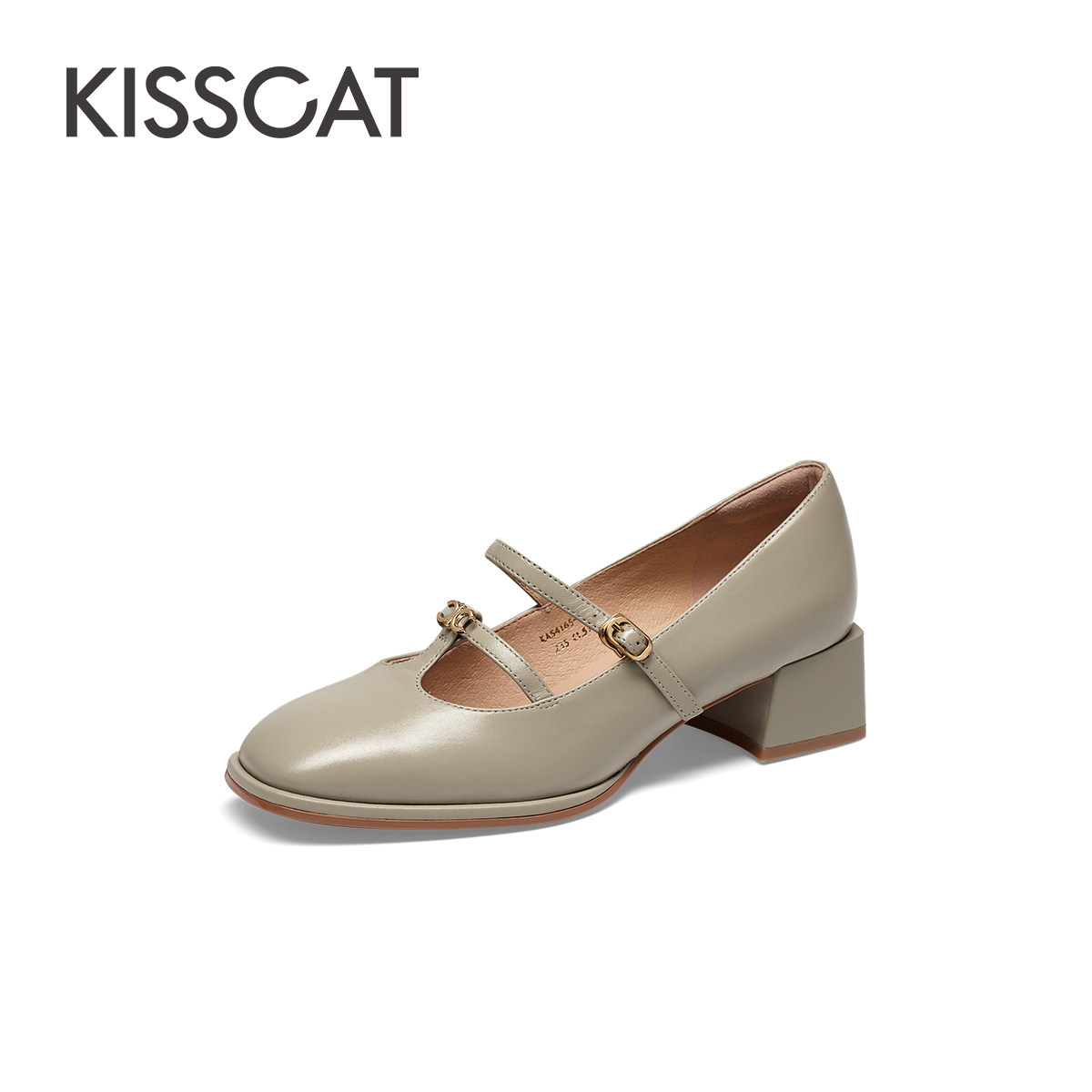 KISS CAT/接吻猫秋冬羊皮T字带玛丽珍鞋方头粗跟单鞋女KA54165-10,淘宝优惠券,粉丝福利购,淘宝优惠卷