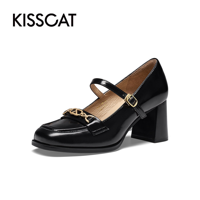 KISS CAT/接吻猫春秋牛皮玛丽珍鞋方头粗高跟单鞋女KA43537-10,淘宝优惠券,粉丝福利购,淘宝优惠卷