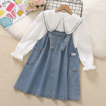 Girls dress for dress and autumn clothes 2023 new children girl foreign air trendy shirt denim harness skirt suit skirt