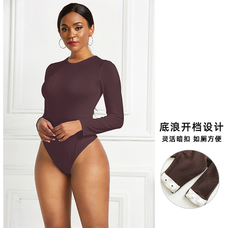 欧美性感紧身开档连体衣女纯色长袖圆领打底衫上衣women bodysuit - 图0