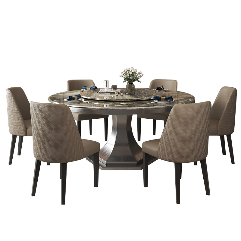 新款大理石餐桌圆形带转盘高端意式现代简约进口奢石威尼斯棕圆桌,淘宝优惠券,粉丝福利购,淘宝优惠卷