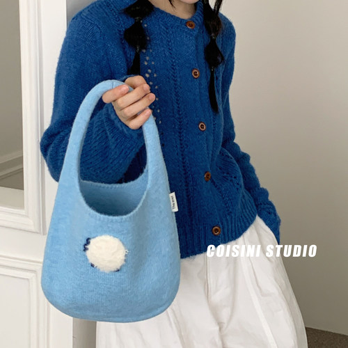 韩系可爱懒洋洋针织毛呢针织手提包包女秋冬托特包手拎包文艺百搭 - 图3
