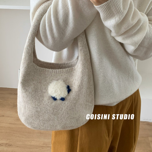 韩系可爱懒洋洋针织毛呢针织手提包包女秋冬托特包手拎包文艺百搭 - 图2