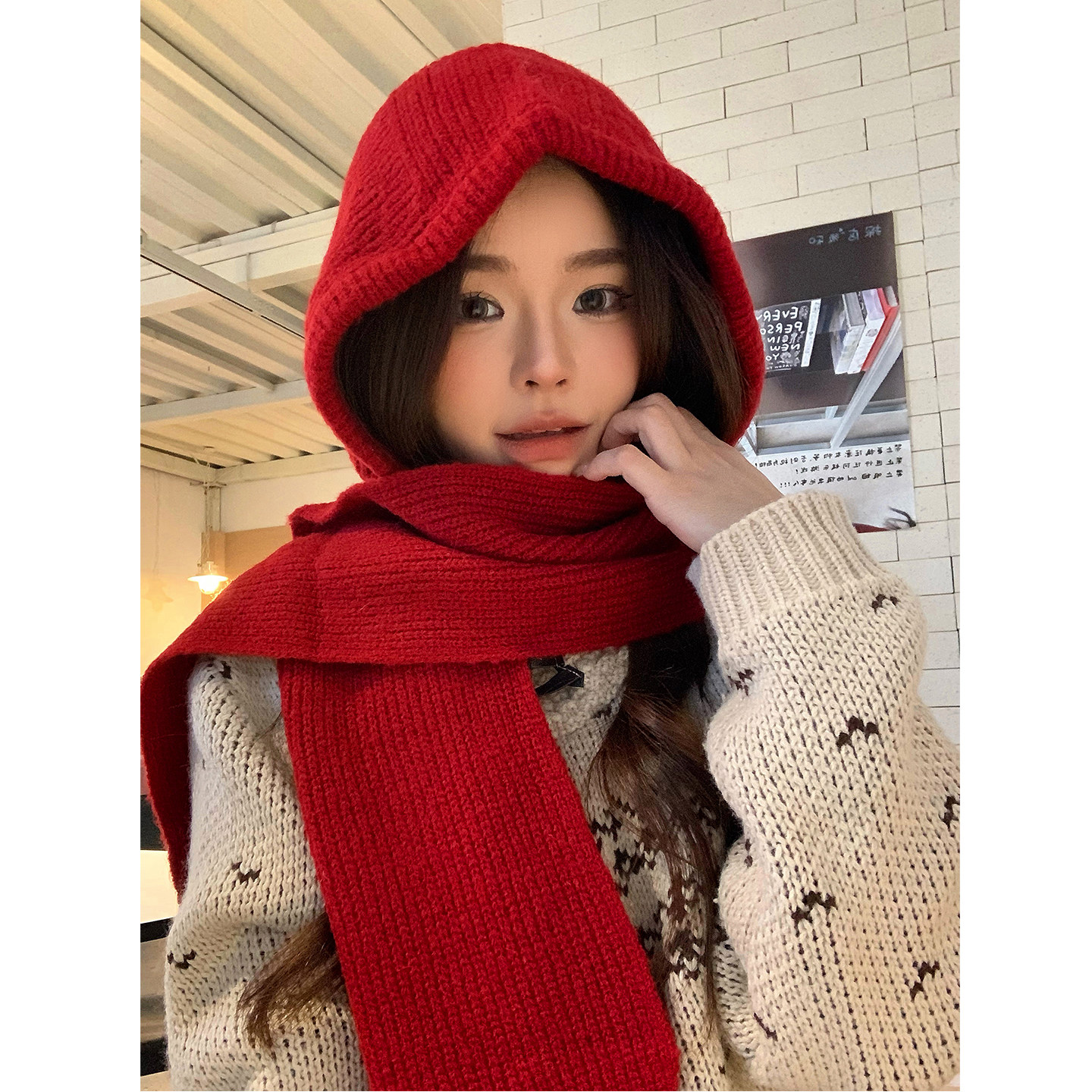 红色氛围感巴拉克拉法帽子女秋冬季保暖百搭帽子围巾一体连帽围脖,淘宝优惠券,粉丝福利购,淘宝优惠卷