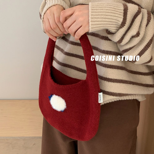 韩系可爱懒洋洋针织毛呢针织手提包包女秋冬托特包手拎包文艺百搭 - 图0