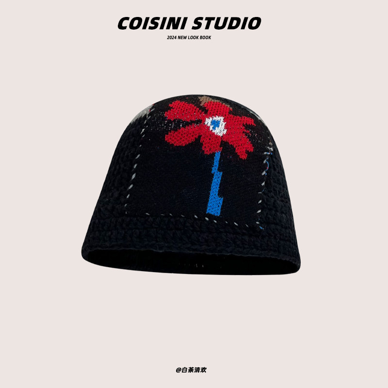 韩国小众设计师花朵贴布针织渔夫帽子秋冬宋旻浩同款防寒保暖盆帽