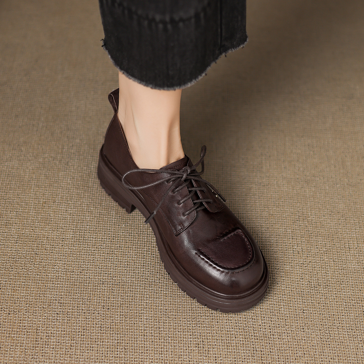 lorem香港 2026春季英伦单鞋复古粗跟真皮休闲百搭系带深口小皮鞋,淘宝优惠券,粉丝福利购,淘宝优惠卷