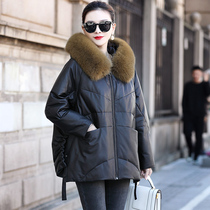 Fashion genuine leather down jacket woman mid-length 2023 winter sheep leather fox fur collar design Loose Fur Coat