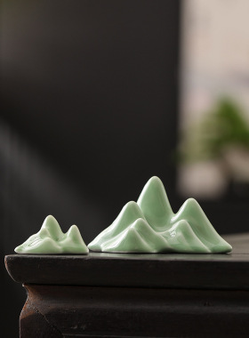 新中式创意青山枯山水景观禅意笔架小摆件陶瓷假山书房茶室装饰品