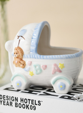 可爱熊少女心陶瓷花缸婴儿车篮金丝熊仓鼠收纳盒花篮装饰工艺摆件