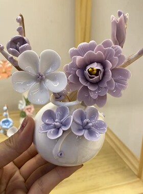 陶瓷紫色手捏花瓶插花套组摆件