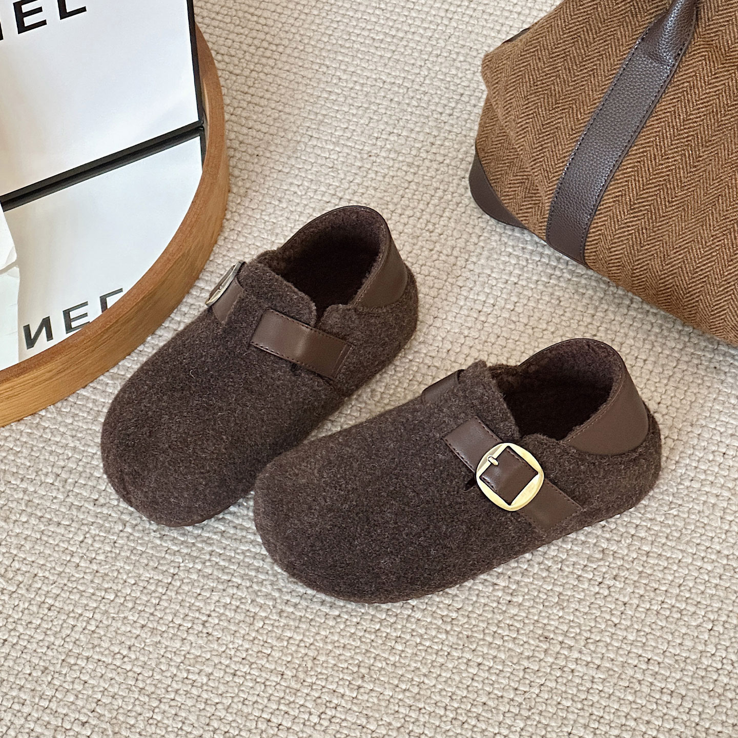 秋冬毛呢勃肯鞋2025新款复古两穿懒人一脚蹬毛毛鞋厚底加绒豆豆鞋 - 图0