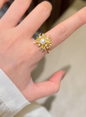 正圆施家珍珠金钻璀璨烟花戒指女气质感百搭通勤氛围感指环