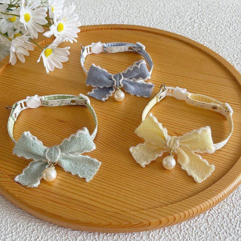 Autumn pet collar bow tie dog collar cute bow kitten accessories pendant pearl small floral fresh