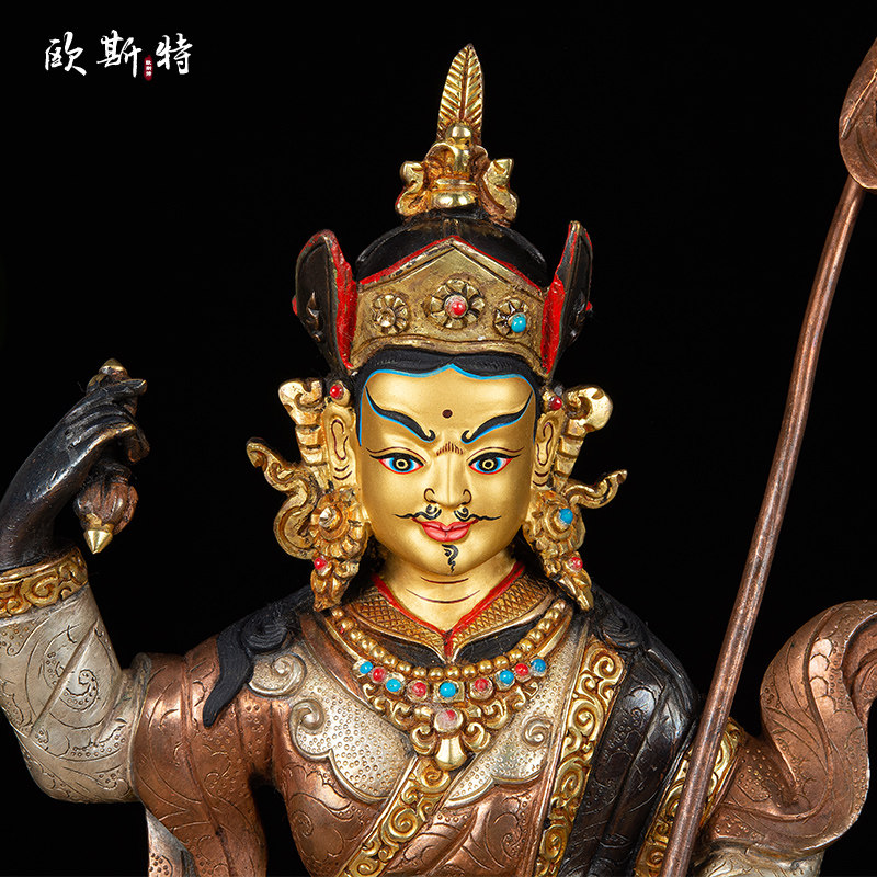 欧斯特莲花生大士铜像尼泊尔手工紫铜鎏金莲花生大师佛摆件10寸-图1