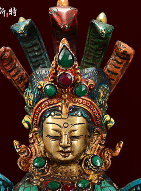 尼泊尔手工彩绘铜雕龙女铜像摆件