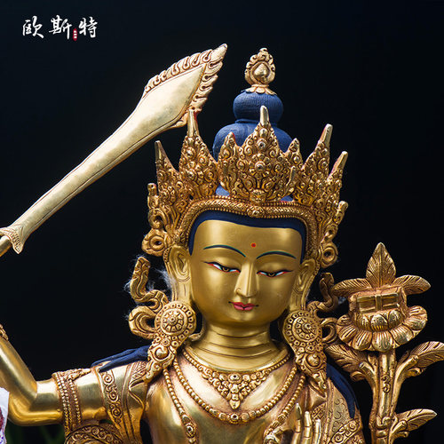 文殊菩萨摆件 尼泊尔手工15寸铜全镀金家居用品 智慧观音菩萨像 - 图0