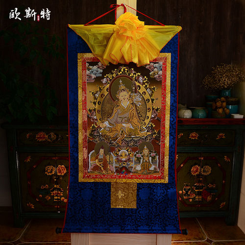 西藏镀金烫金唐卡 莲花生大士唐卡 莲师三尊 黑卡挂画 莲花生大师 - 图0