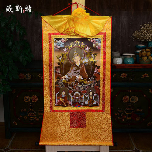 西藏镀金烫金唐卡 莲花生大士唐卡 莲师三尊 黑卡挂画 莲花生大师 - 图1