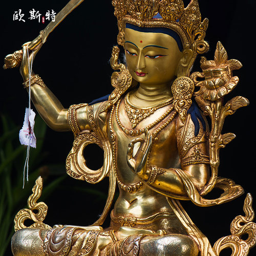 文殊菩萨摆件 尼泊尔手工15寸铜全镀金家居用品 智慧观音菩萨像 - 图1