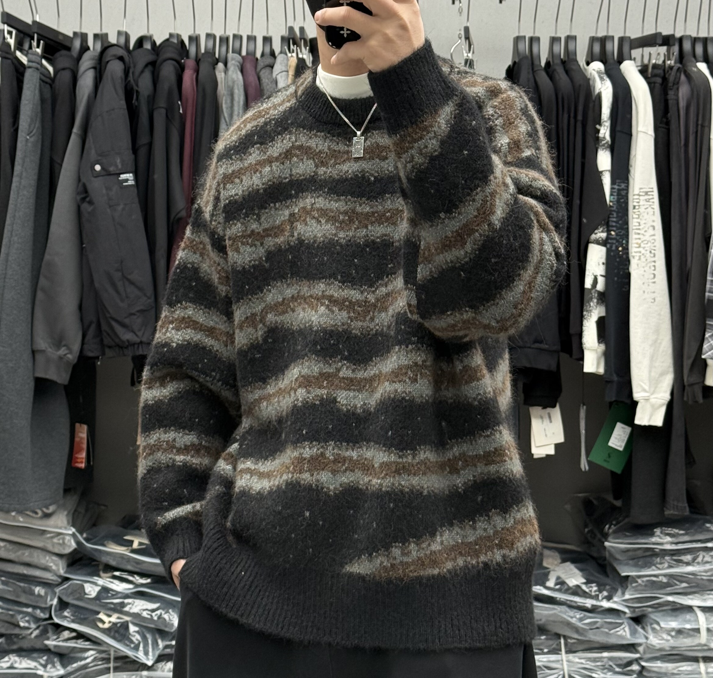 美式复古撞色条纹圆领毛衣男冬季慵懒风宽松百搭保暖羊毛针织衫潮,淘宝优惠券,粉丝福利购,淘宝优惠卷