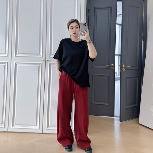 2026春装大码女装高腰显瘦弯刀裤休闲裤子200斤胖mm宽松运动卫裤 - 图1