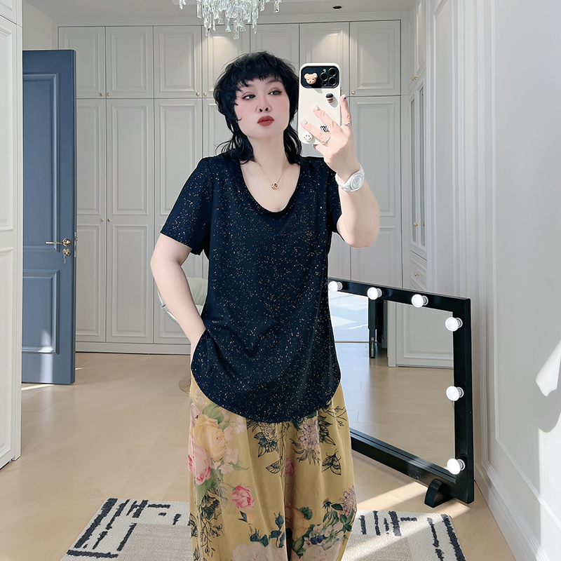 韩系时髦满天星短袖T恤大码女装200斤胖mm夏季小众设计感宽松上衣 - 图2
