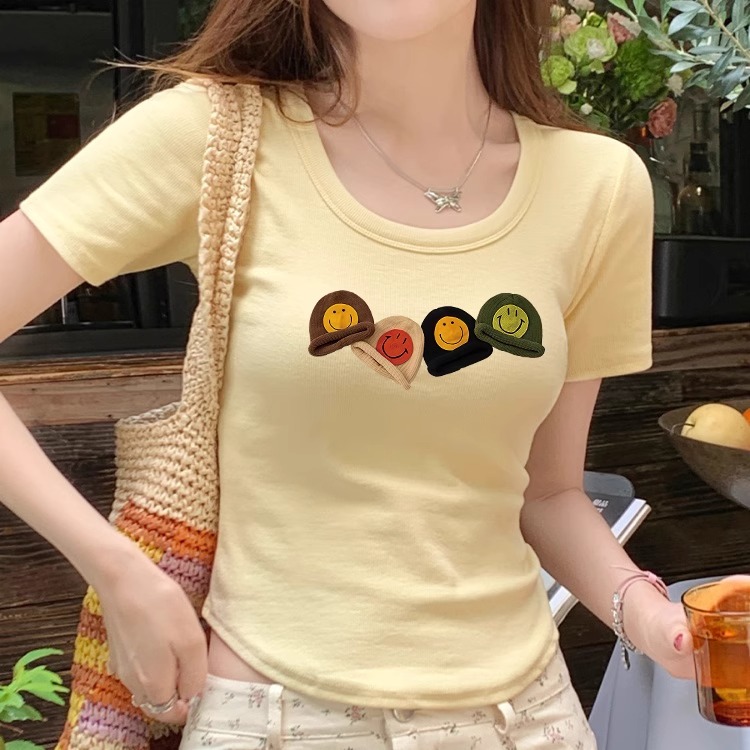 设计感印花u领短袖t恤女装夏季高级小众不撞款弧形下摆上衣遮肚子 - 图1