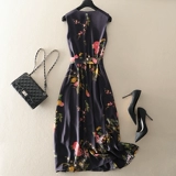 Черная шелковая длинная юбка без рукавов, летнее платье, европейский стиль, V-образный вырез, высокая талия, А-силуэт