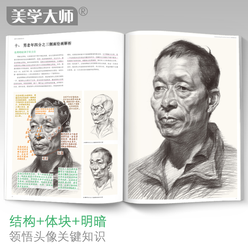 美学大师 领悟素描头像书籍 大八开临摹范本 人物绘画结构五官解析对画照片教程 美院联考美术高考名师示范教材正版