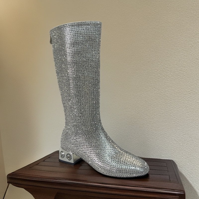 欧美时尚水钻宝石粗跟满钻高筒靴不过膝小码模特走秀比赛PK表演鞋 - 图1
