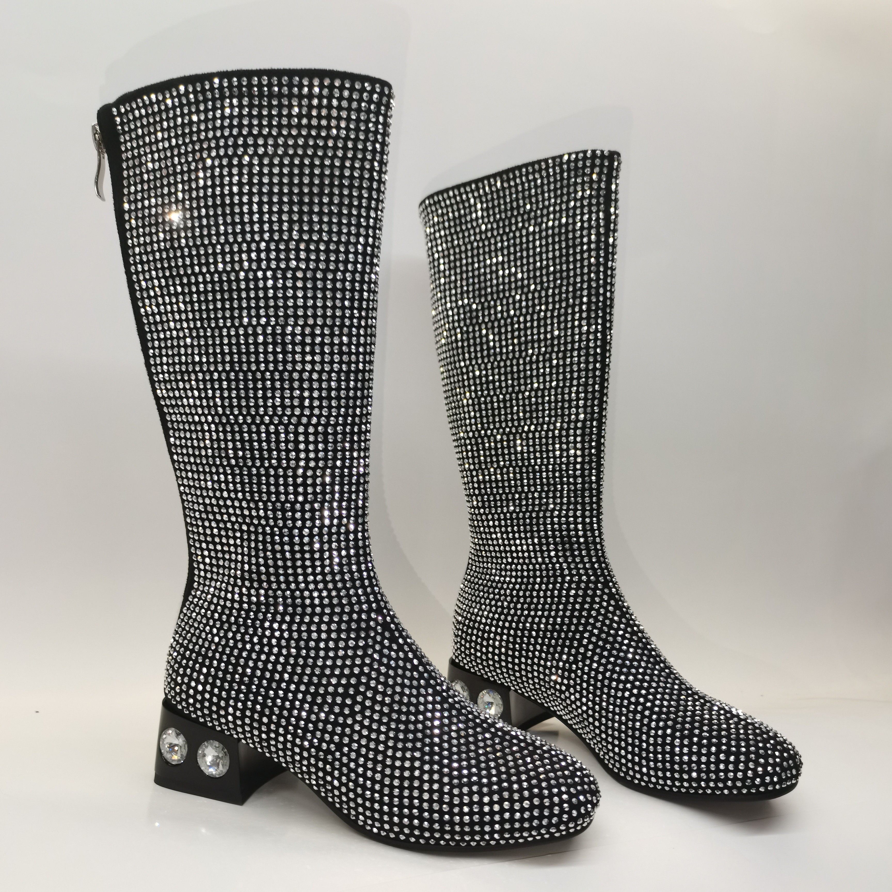 欧美时尚水钻宝石粗跟满钻高筒靴不过膝小码模特走秀比赛PK表演鞋 - 图3