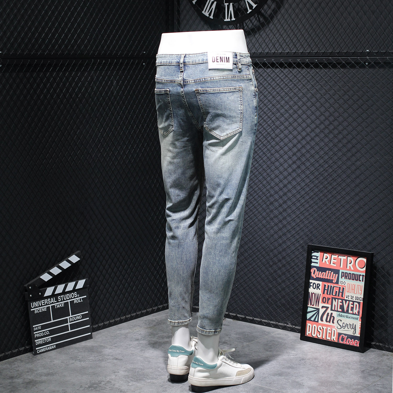 夏季浅蓝色九分男潮流百搭紧身裤子 韩洛斯牛仔裤