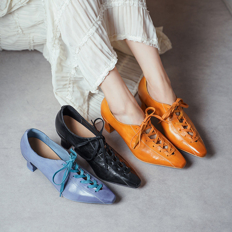 早春重工水洗马皮法式通勤百搭黑色尖头鱼骨鞋时尚芭蕾系带单鞋女,淘宝优惠券,粉丝福利购,淘宝优惠卷