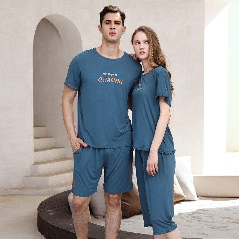 绮瑞情侣睡衣夏女莫代尔短袖七分裤套装男夏季棉绸薄款短裤家居服,淘宝优惠券,粉丝福利购,淘宝优惠卷
