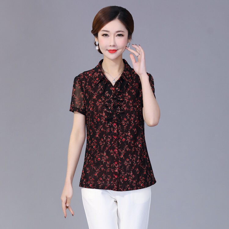锦依罗时尚夏季中老年女装台湾纱网纱短袖大码修身开扣衬衫上衣
