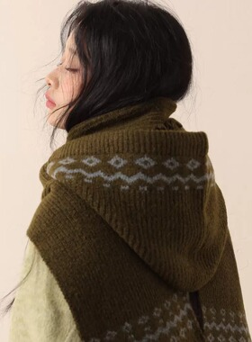 费尔岛提花针织围巾帽女红色连帽一体式保暖加厚毛线帽围脖二件套