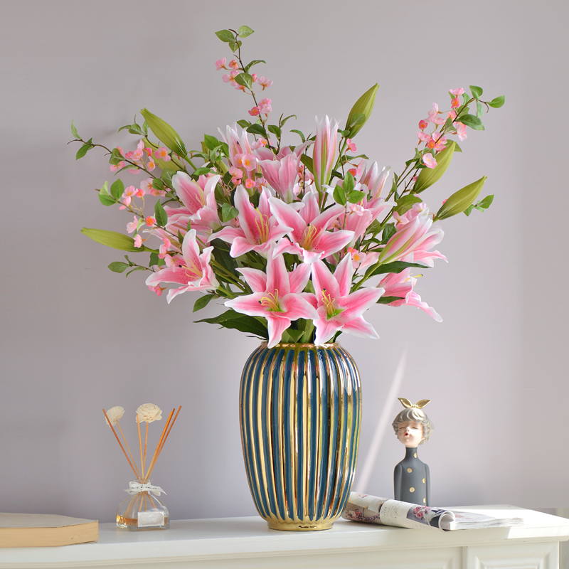 仿真花百合高枝装饰花假花绢花客厅摆设餐桌轻奢高端花艺花束摆件 - 图2