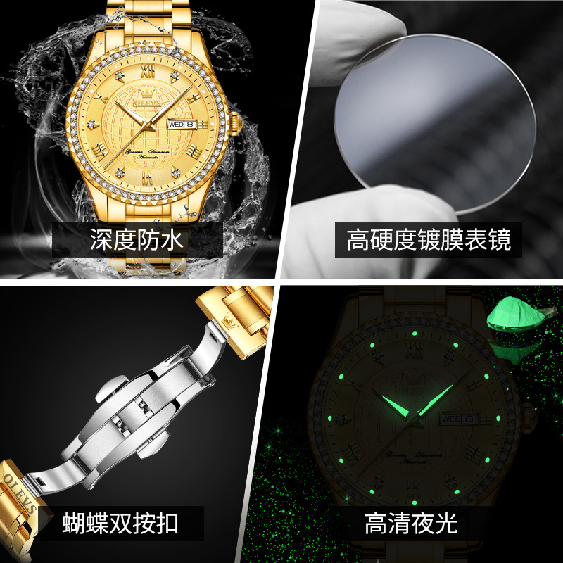 跨境品牌全自动机械商务防水手表男士精钢钢带夜光日历国产腕表