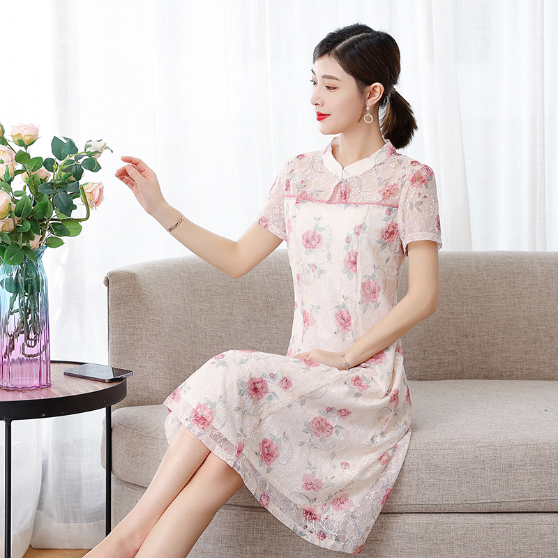 正品 新潮流夏季新款复古印花连衣裙女时尚韩版宽松遮肚立领中长