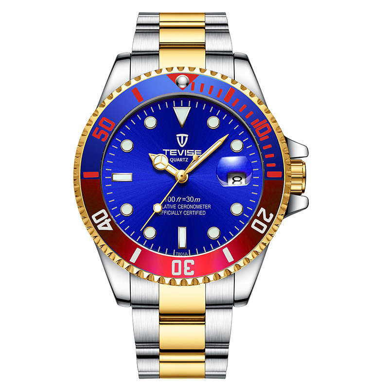 TEVISE新款水鬼休闲石英精钢表带男士手表T801A圆形普通国产腕表-图1