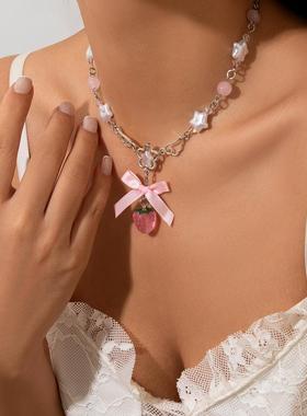 亚克力草莓吊坠项链小清新仿珍珠