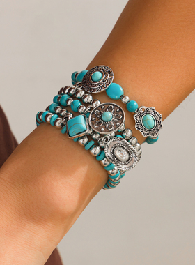 禅意复古多层手链太阳花青金石手饰手环女潮珠子跨境手串饰品松石