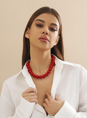 欧美夸张红色串珠锁骨链