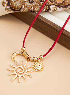 欧美复古太阳月亮金色流苏锁骨链