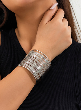 金属宽版铁线手镯女欧美夸张小众个性时尚舞台表演搭配手饰品潮人