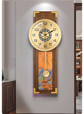 新中式黄铜实木钟表挂钟客厅家用别墅轻奢创意大气玄关时钟挂墙表